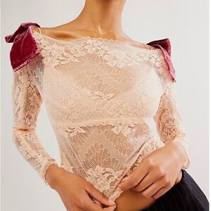 Chic Lace Off-Shoulder Top with Velvet Bows